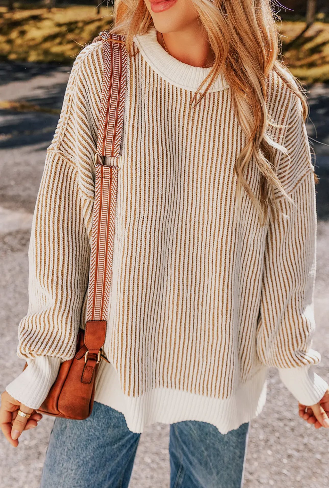 Striped Contrast Sweater-Chestnut